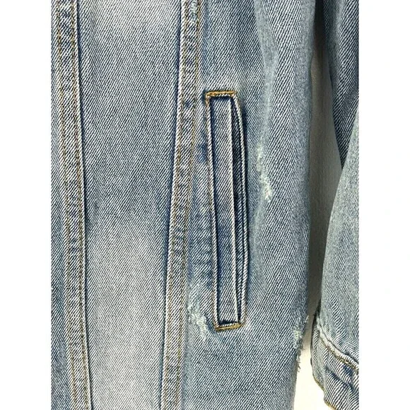 Mustard Seed Women L Destructed Denim Blue Jacket Long Jean Button Up Biker R4 - Picture 9 of 12